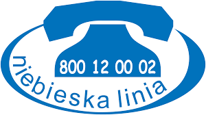 Niebieski telefon z napisem niebieska linia i nr tel. 800120002