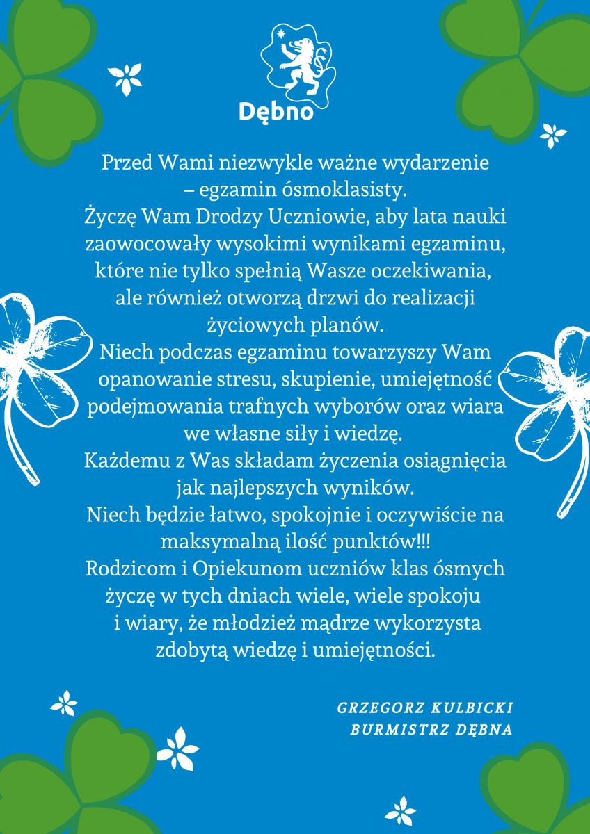 Powiększ życzenia dla ósmoklasistów. Pełna treść w informacji