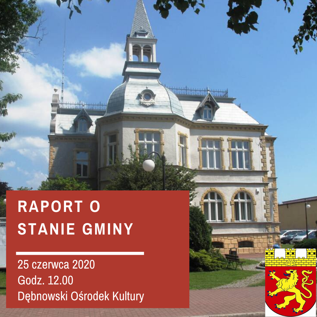 Powiększ baner. Budynek Urzędu w tle i czerwony prostokąt z napisem Raport o stanie gminy