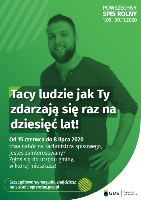 Powiększ plakat. Zielony na tle mężczyzna i informacja o naborze. Pełna treść w informacji