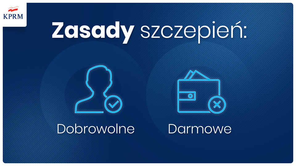 Powiększ granatowa grafika z napisem Zasady szczepień: dobrowolne i darmowe
