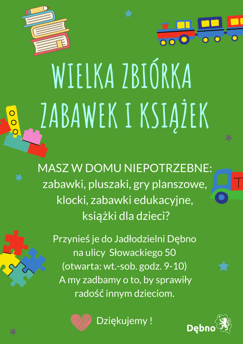 Powiększ plakat o zbiórce zabawek i książek. Pełna treść w informacji