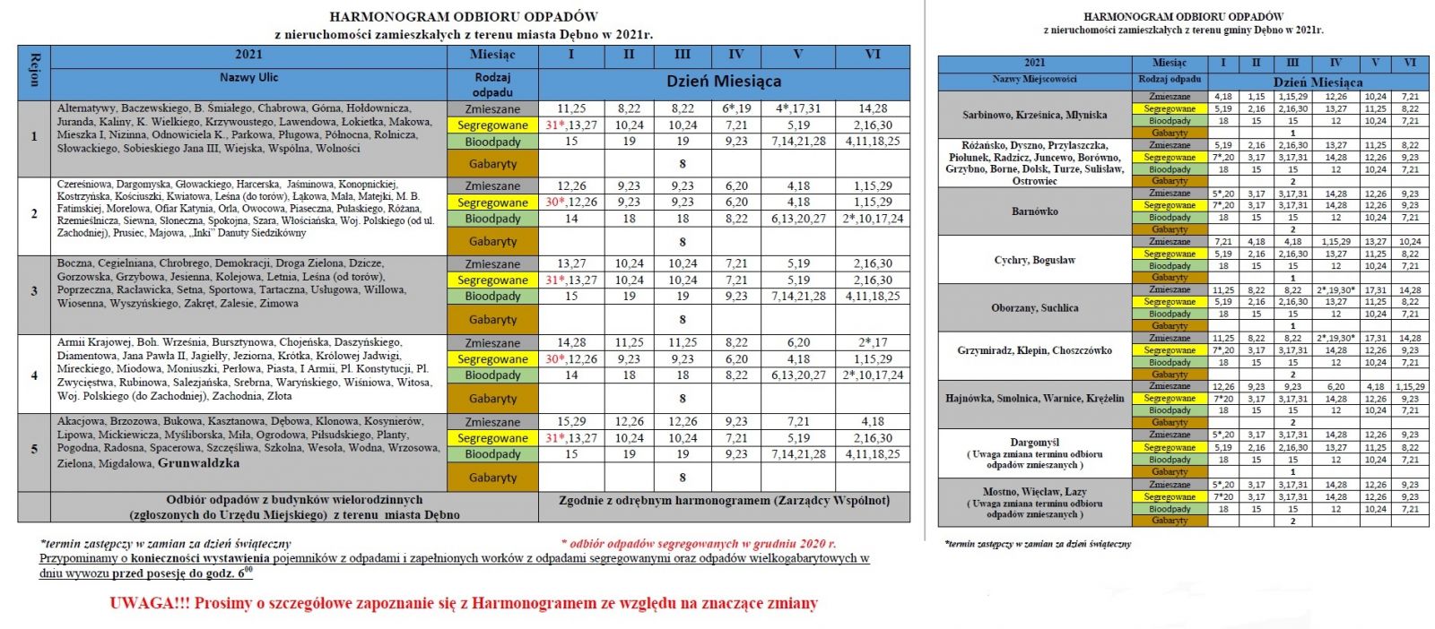 Powieksz zdjęcie. Tabelki z harmonogramem odpadów. Pełna treść w załączniku PDF