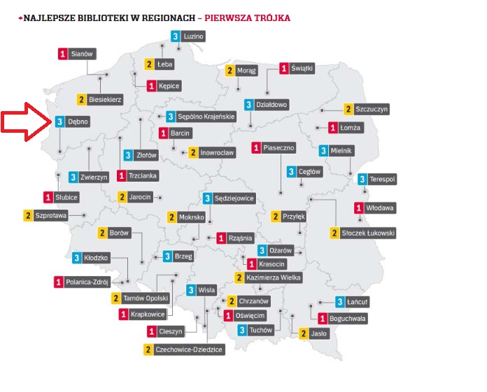 Powiększ mapę Polski z zaznaczonymi miejscowościami w rankingu. Czerwona strzałka pokazuje na Dębno