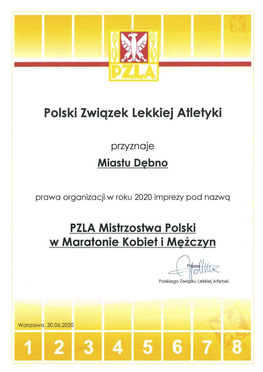Powiększ dyplom PZLA o przyznaniu organizacji Maratonu Dębno