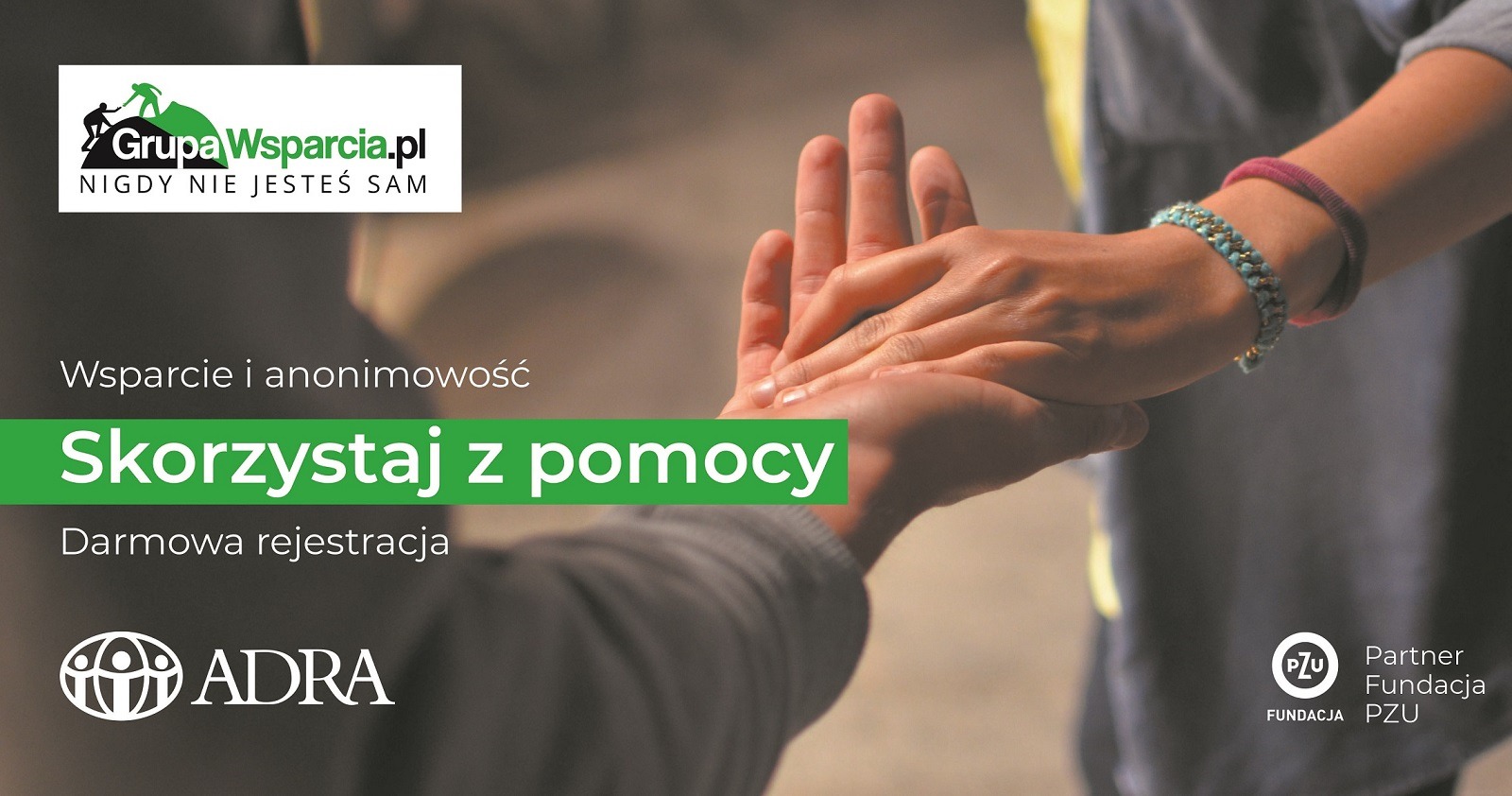 Powiększ baner. Wyciągnięte dłonie w uścisku, napis skorzystaj z pomocy