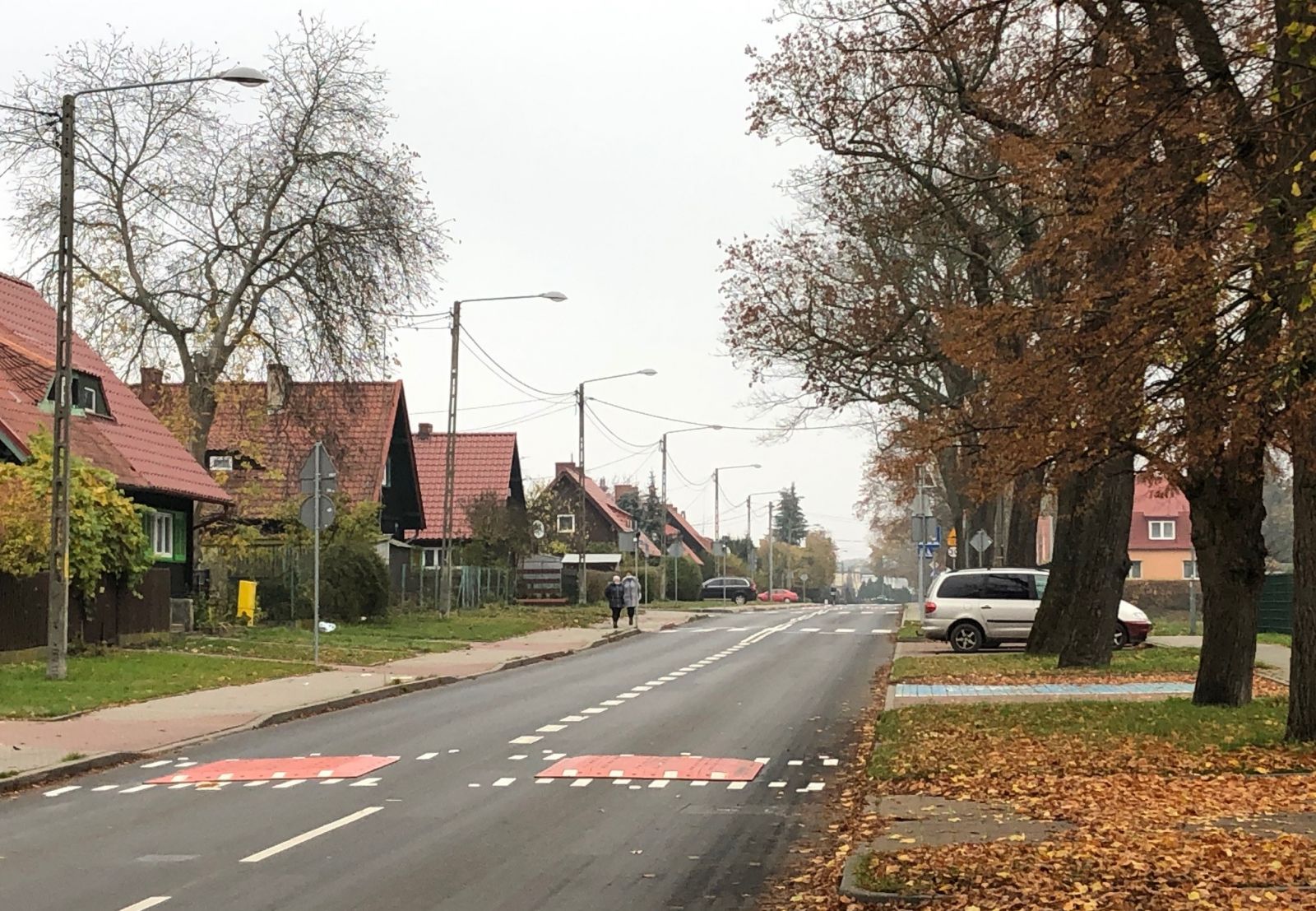 Powiększ zdjęcie. Jezdnia z widocznymi progami, drzewa, niebo, domy