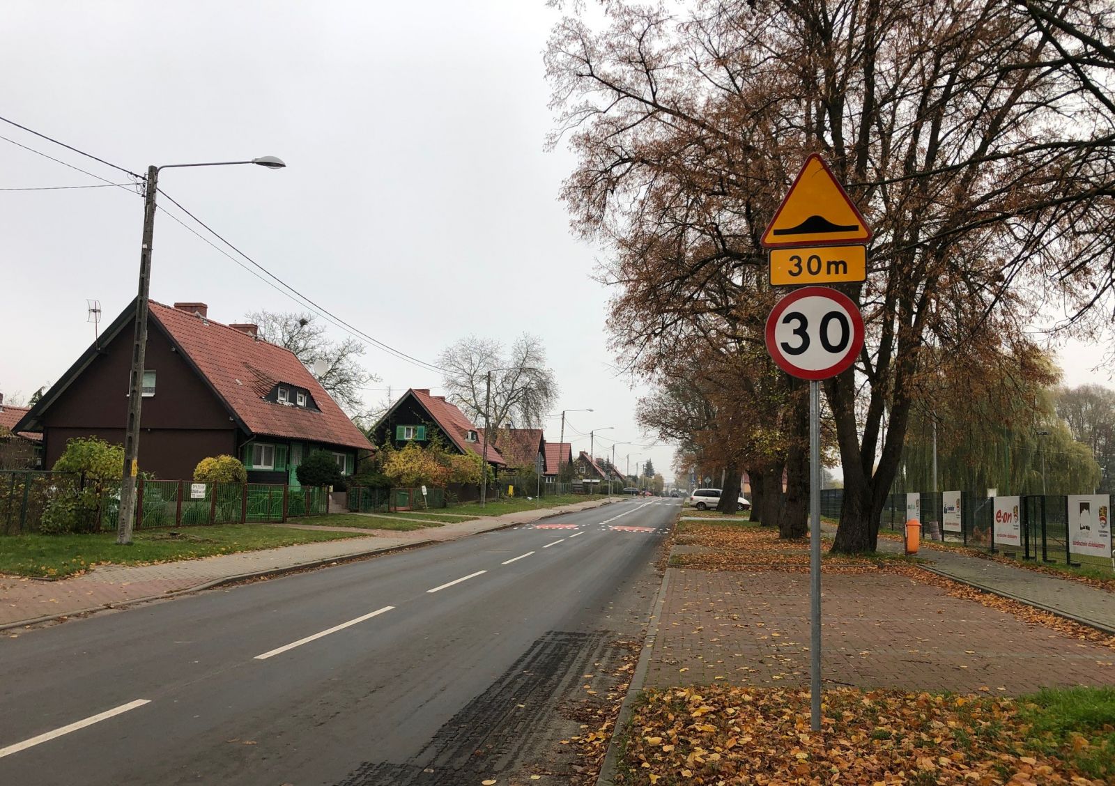 Jezdnia, znak ostrzegwaczy próg i ograniczenie prędkosci 30, drzewa, domy