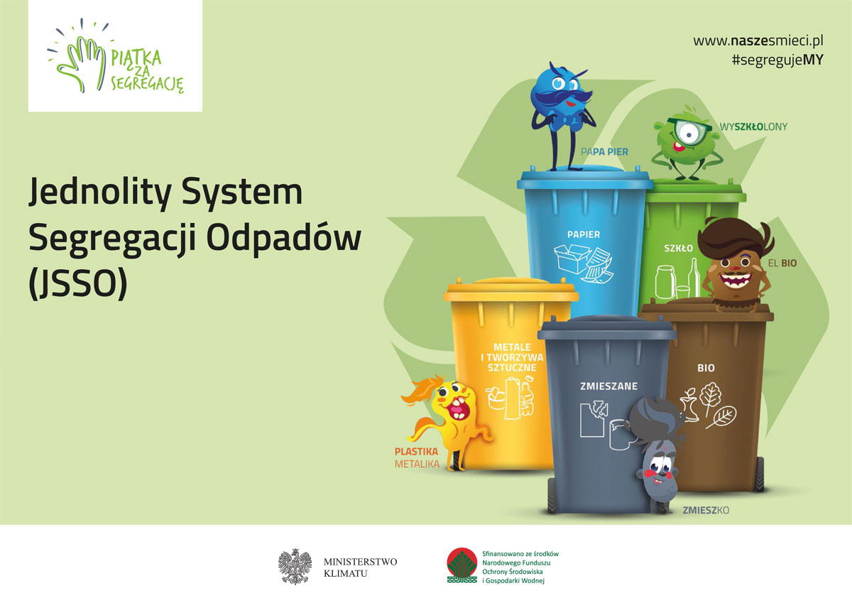 Powiększ grafikę. Jednolity system segregacji odpadów, 5 kolorowych pojemników na śmieci
