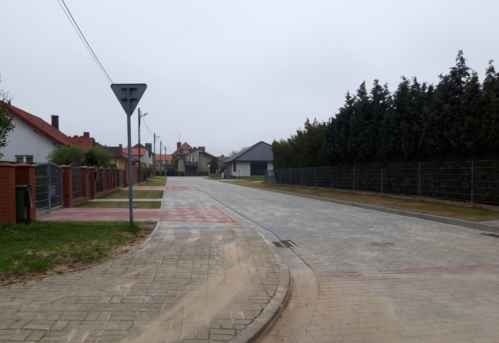 Nawierzchnia jezdni, lampy, domy, płoty, niebo, krzaki