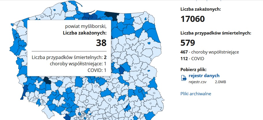 Powiększ mapkę podziałyu Polski na powiaty i liczba zakażeń koronawirusem