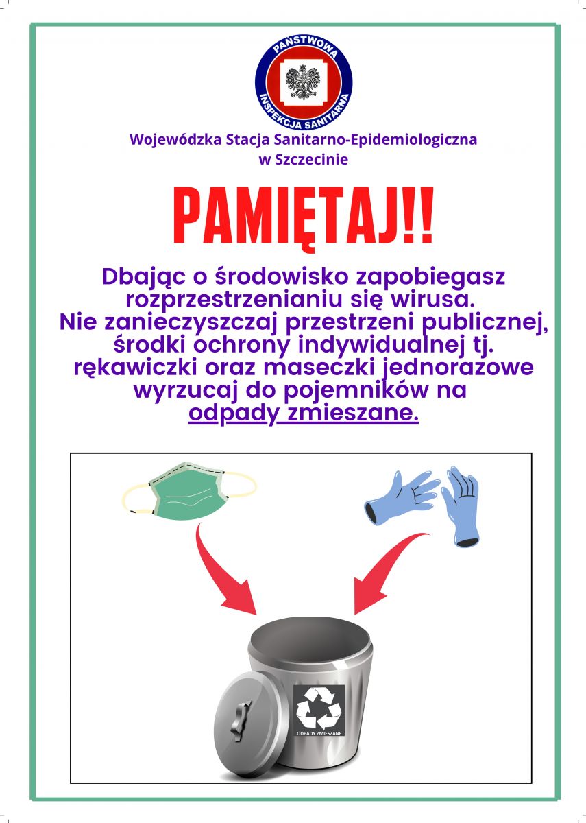 Powiększ zdjęcie. Plakat z instrukcją jak wyrzucać rękawiczki i maseczki