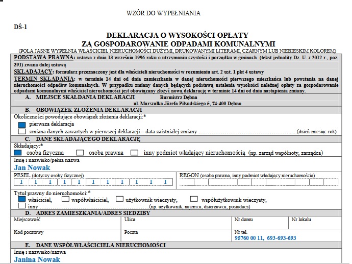 Powiększ wzór deklaracji śmieciowej