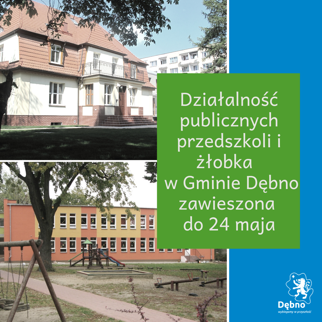 Powiększ grafika przedszkoli i napis na zielonym tle działalność przedszkoli zawieszona do 24 maja