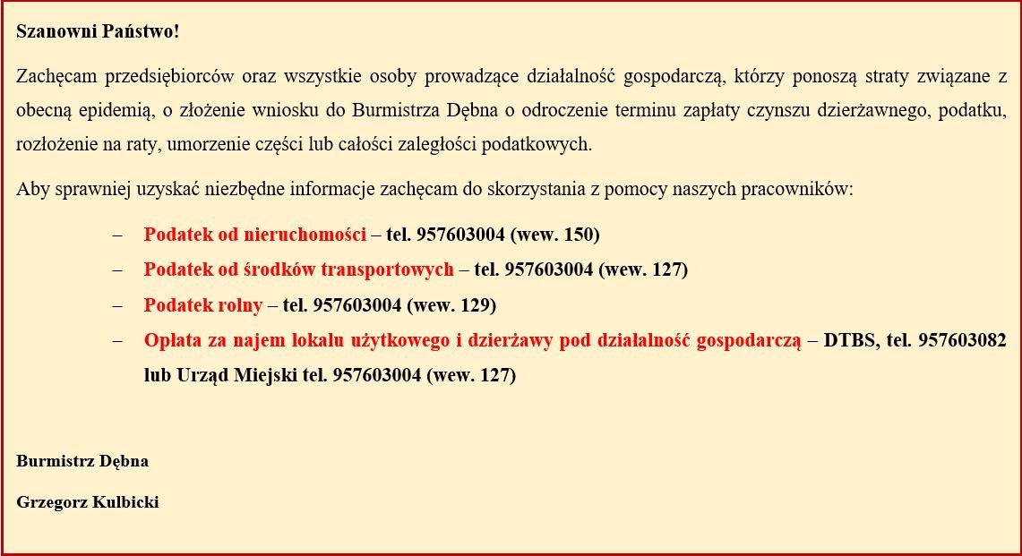 Powiększ ogłoszenie o odroczeniu podatków. Pełna treść w informacji