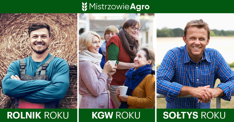 Powiększ baner. Radośni mężczyźni podpis Rolnik Roku Sołtys Roku, grupa kobiet KGW Roku