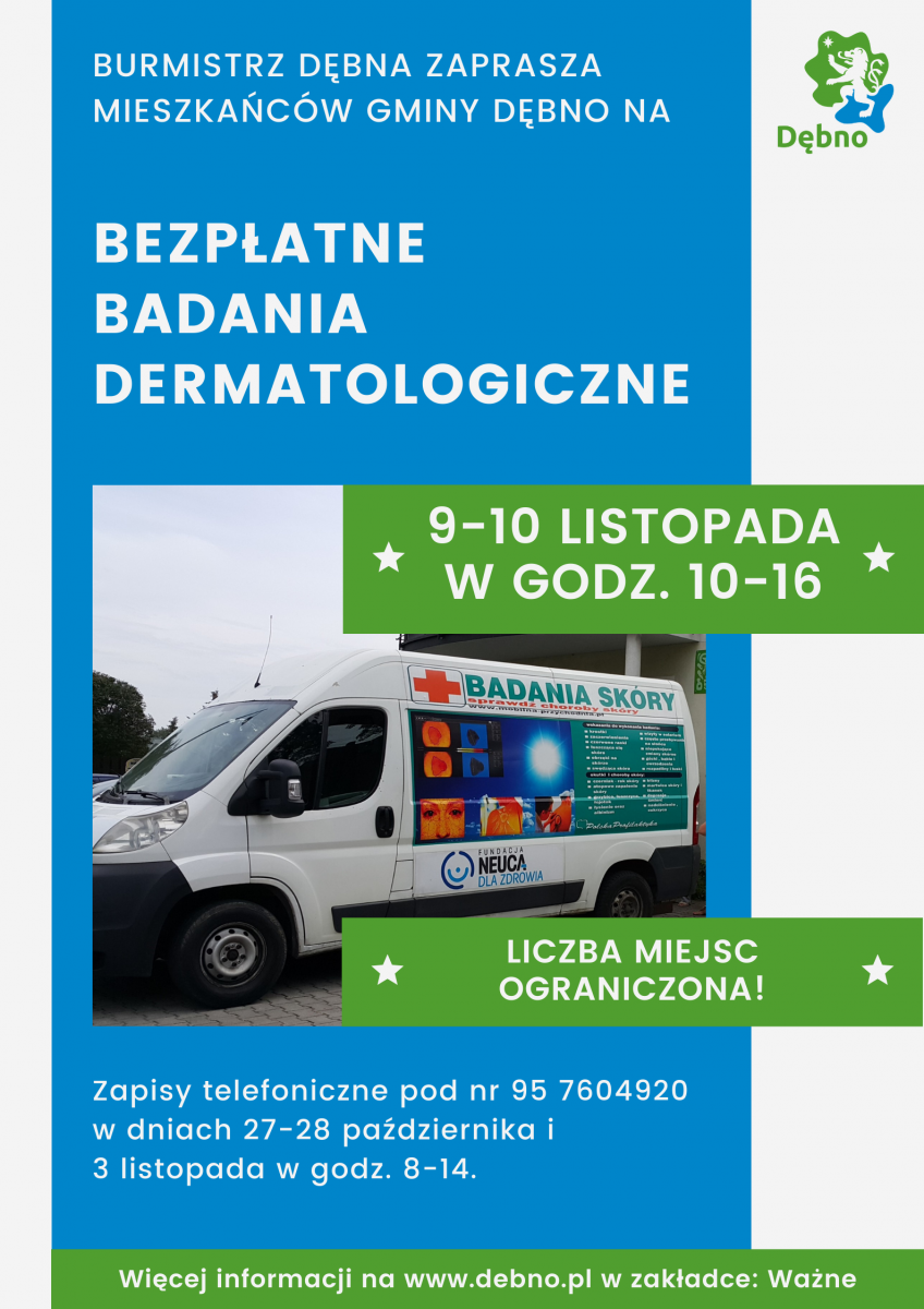 Plakat bezpłatne badania dermatologiczne, ambulans i daty. Pełna treść w informacji