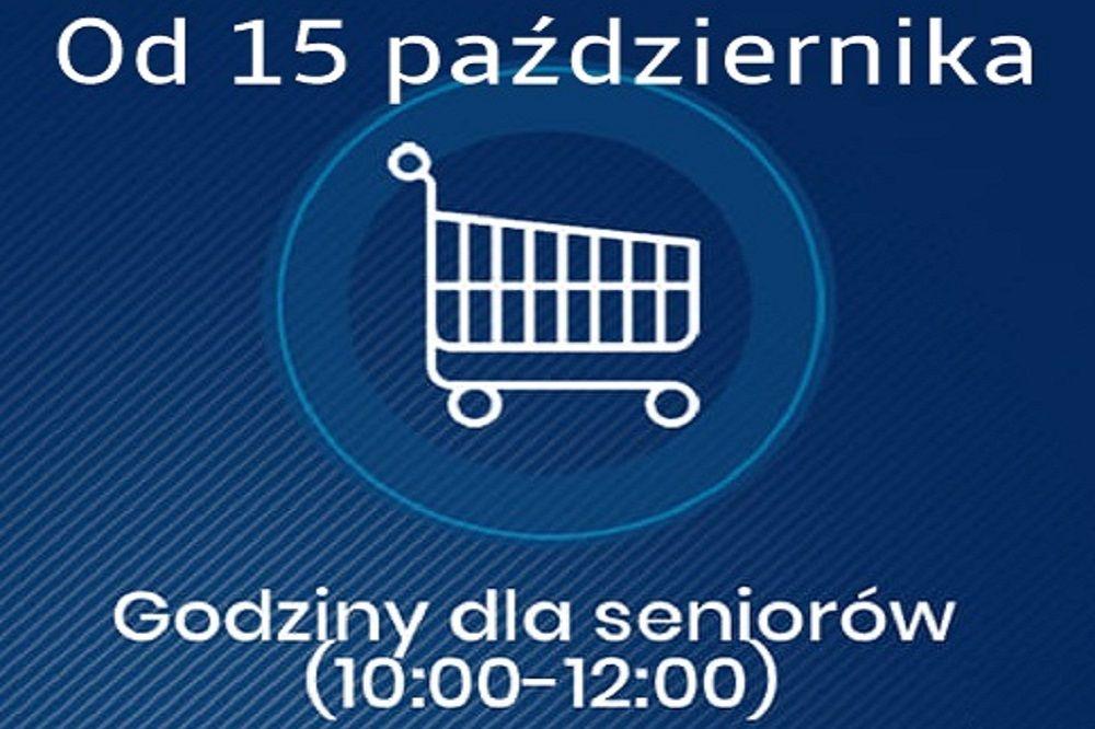 Powiększ granatowy baner, piktogram koszyk na zakupy i napis od 15 października godziny dla seniorów 