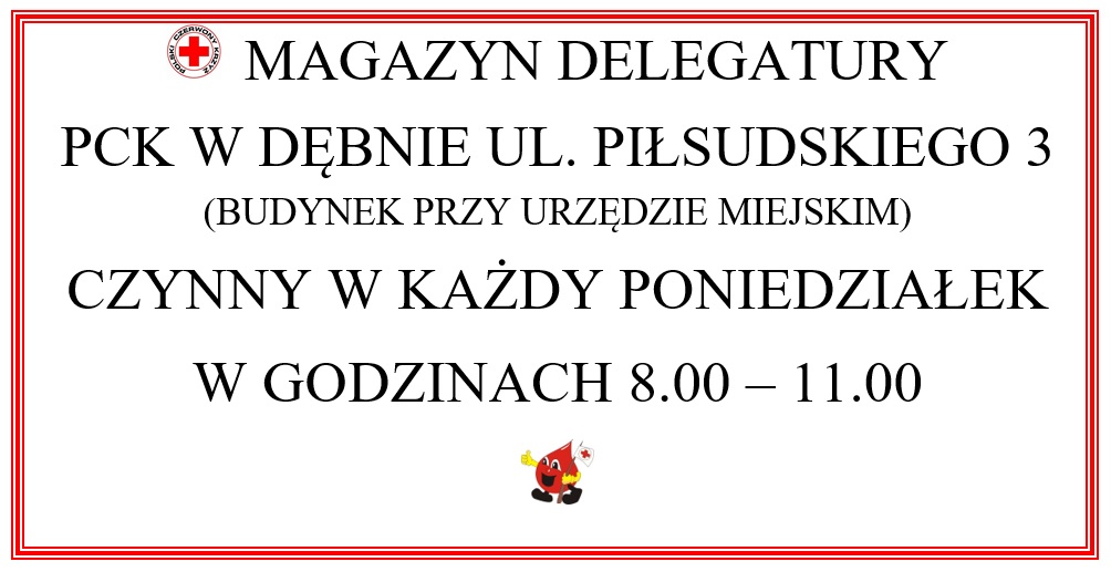 Powiększ plakat. W czerownej ramce ogłoszenie o magazynie PCK. Pełna treść w informacji