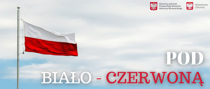 Powiększ baner. Biało - czerowna na maszcie powiewa na tle nieba napis Pod biało - czerwoną 