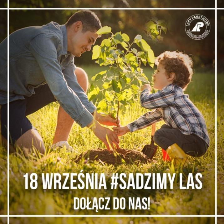 Powiększ plakat. Mężczyzna i dziecko sadza drzewko, napis 18 września #sadzimy las