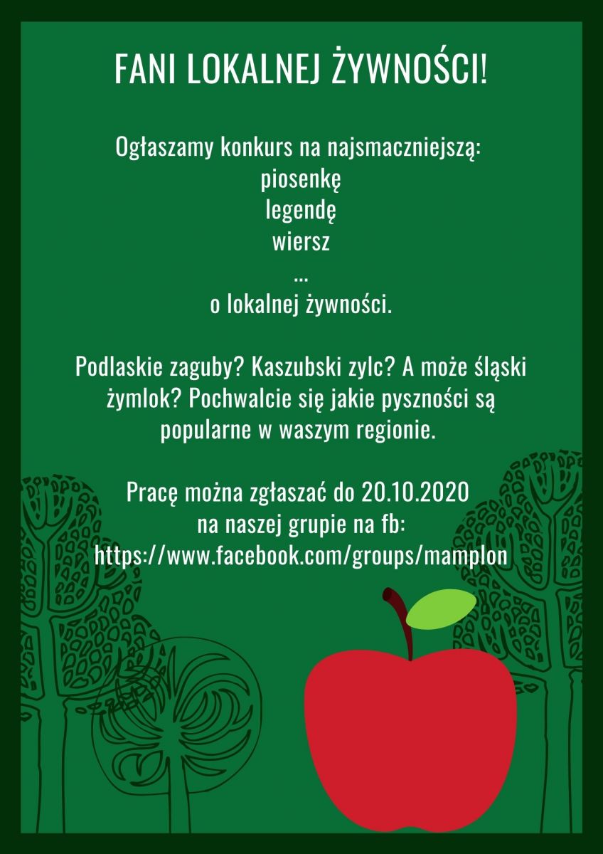 Powiększ plakat. Zielone tło na nim treść, w dolnym prawym rogu czerwone jabłko. pełna treść w informacji