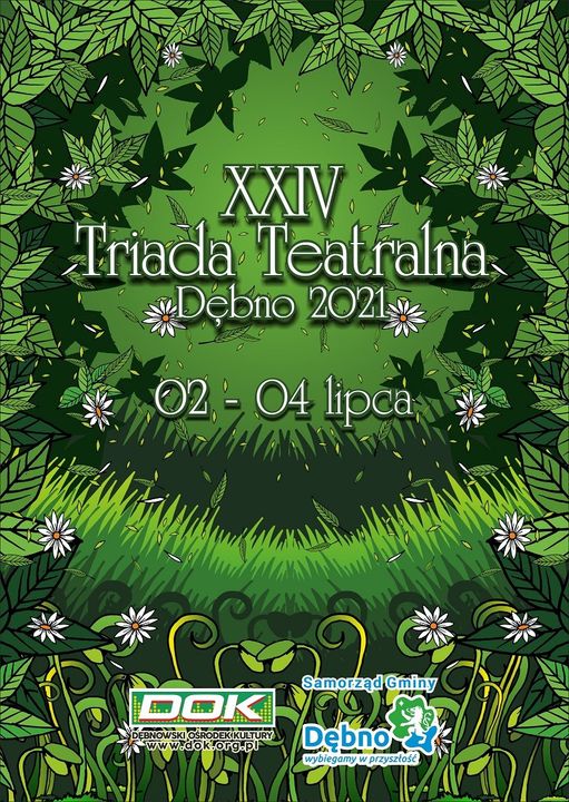 Powiększ plakat. Zielony z liśćmi napis XXIV Triada Teatralna Dębno 2021