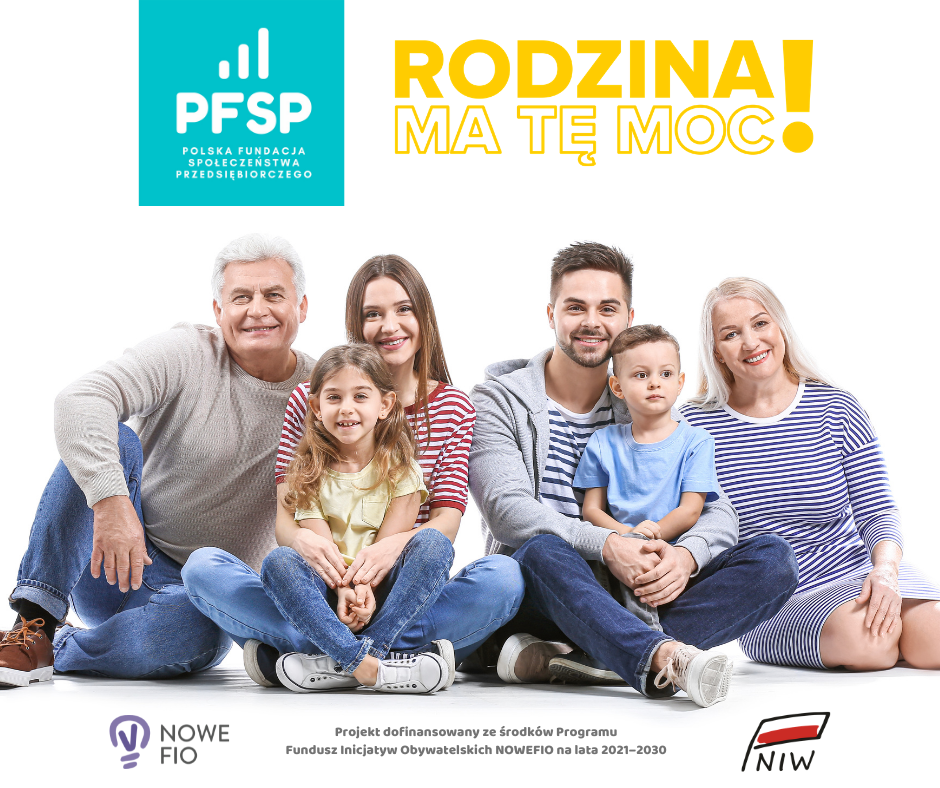 Powiększ grafikę Napis Rodzina ma tę moc, pod spodem trzy pokolenia rodziny