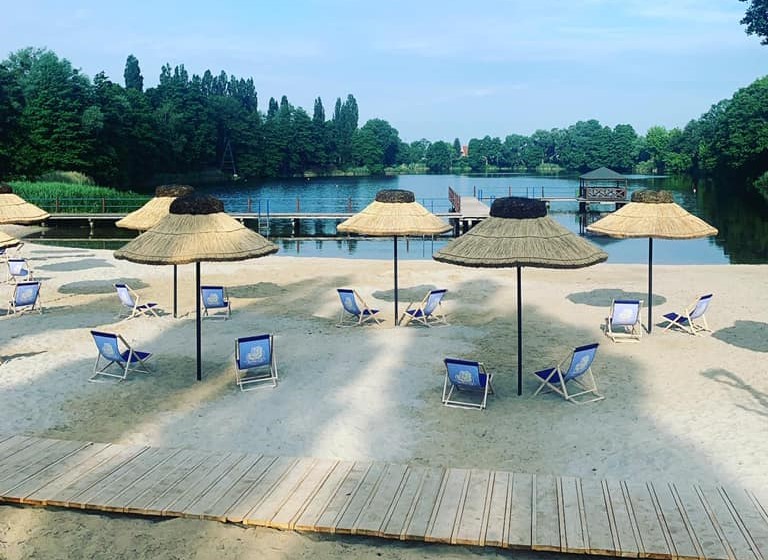 Parasole ze strzechą. Leżaki rozłożone na plaży, jezioro, drzewa, niebo