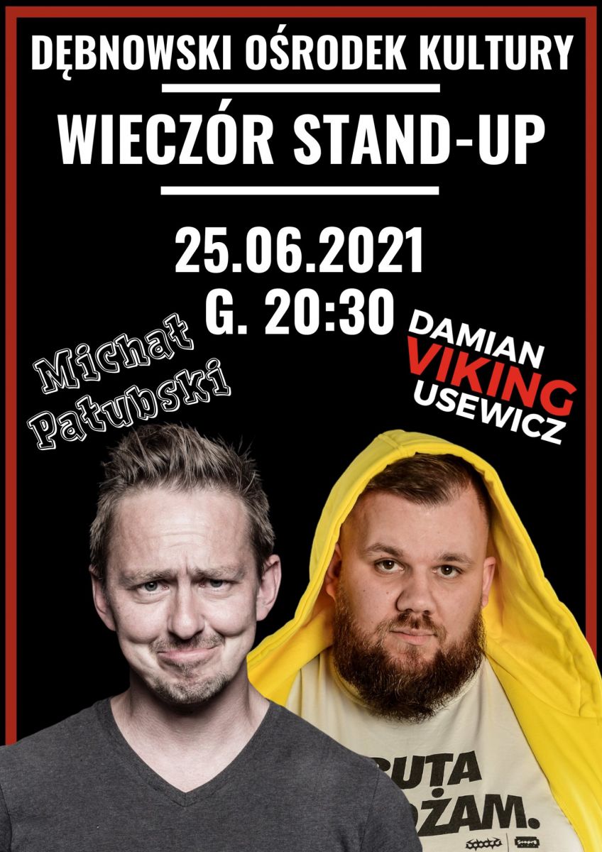Powiększ plakat. Dwóch panów, którzy wystąpią na scenie. Pełna treść w informacji