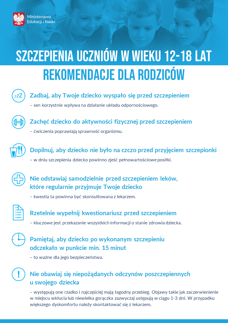 Powiększ plakat szczepienie uczniów - rekomendacje. Pełna treść w informacji