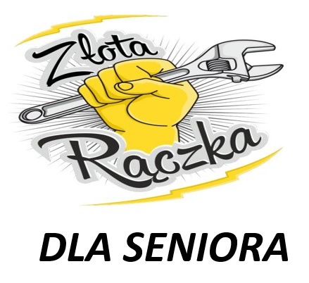 Powiększ logo Złota ręka ściska klucz, napis Złota rączka dla seniora