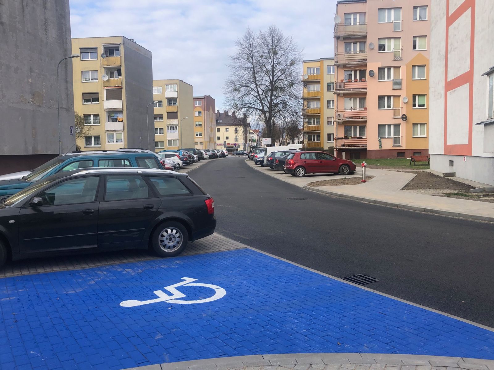 Samochody na parkingach, bloki, drzewa