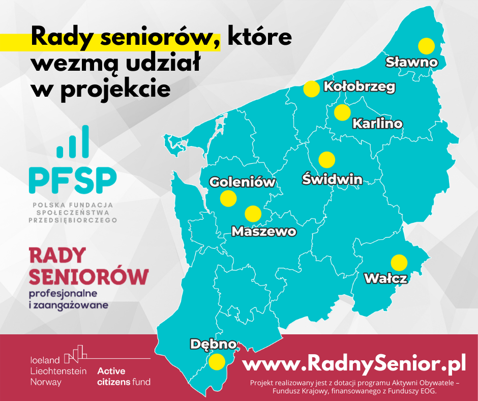 Powiększ grafikę. Mapka z zaznaczonymi miejscowościami rad seniorów, które wezmą udział w projekcie