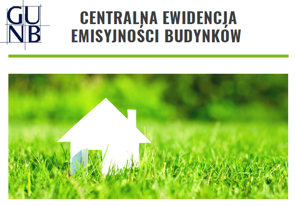 Powiększ grafikę, napis Centralna Ewidencja Emisyjności Budynków, biały domek w zielonej trawie