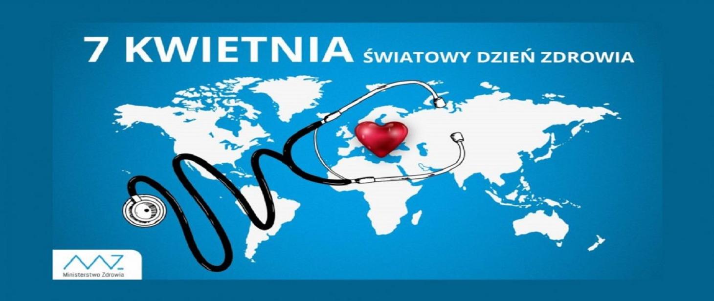 Powiększ grafikę. napis 7 kwietnia Światowy dzień Zdrowia, mapa świata, stetoskop, serduszko