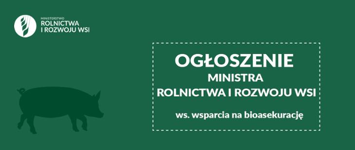Powiększ zieloną grafikę, napis ogłoszenie ministra rolnictwa, cień świni