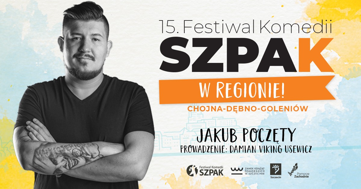 Powiększ grafikę mężczyzna Jakub Poczęty napis 15. festiwal komedii szpak w regionie 