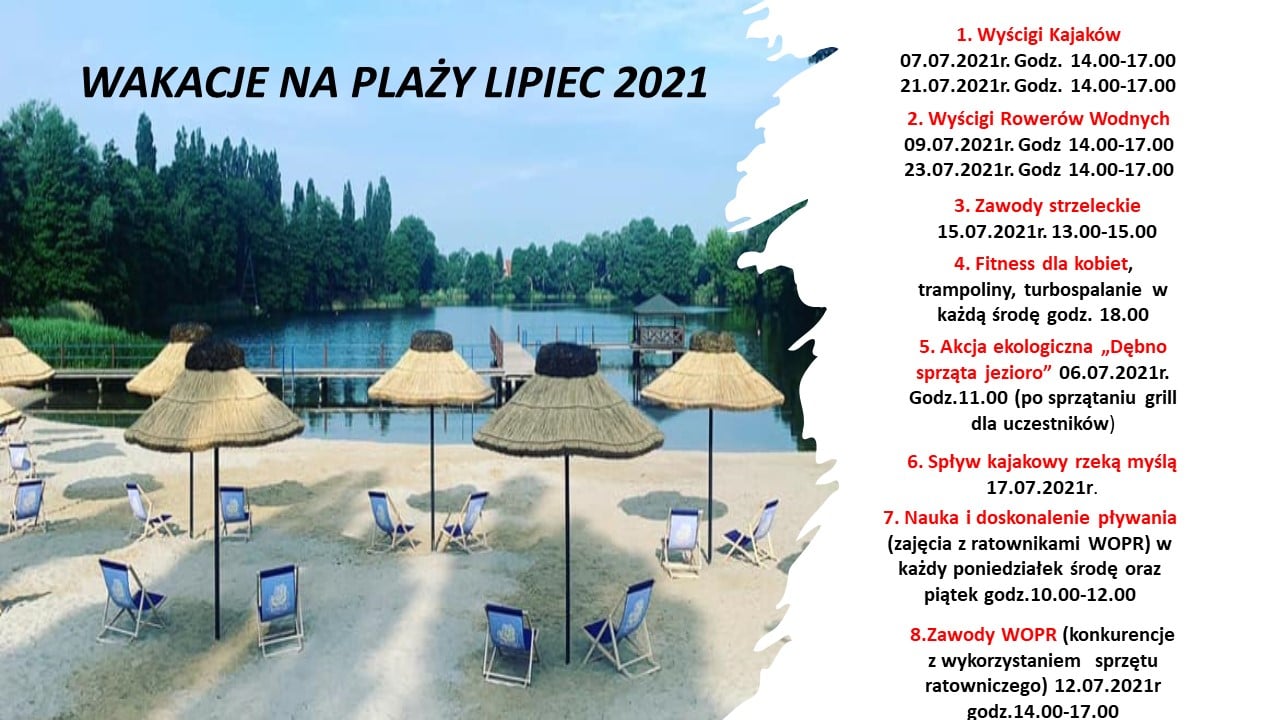Powiększ plakat. Parsole, piasek, leżaki, zestawienie wydarzeń. Pełna treść w informacji. 