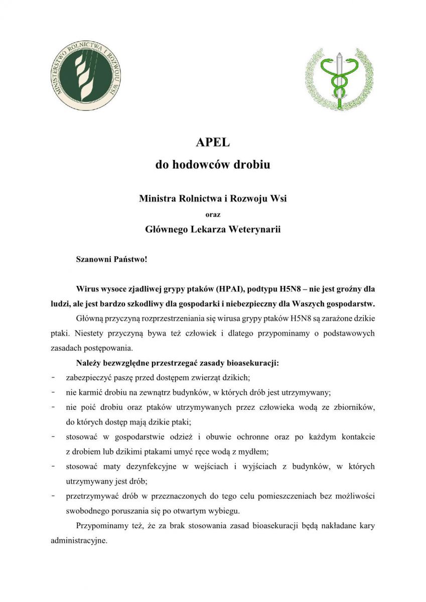 Apel do hodowców drobiu. Pełna treść w załączniku