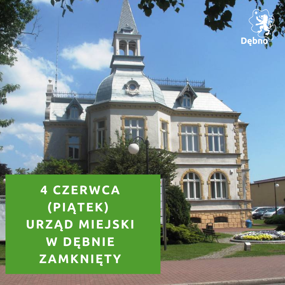 Powiększ grafikę. Budynek urzędu. Napis 4 czerwca urząd zamknięty