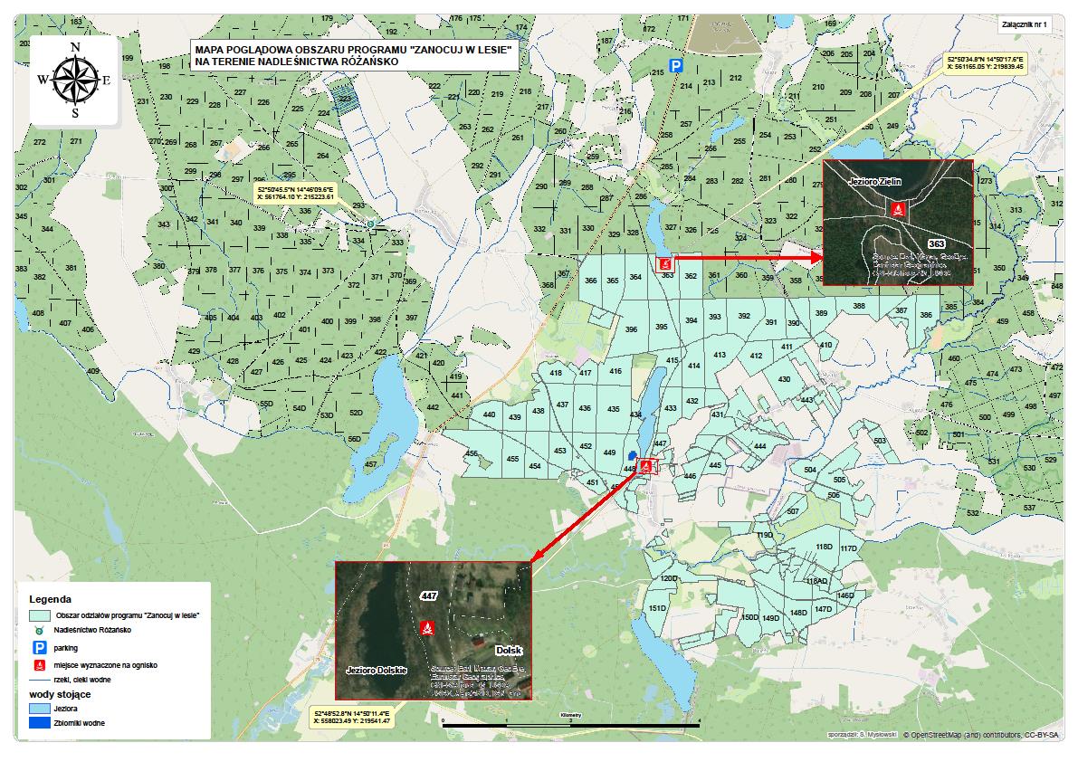 Mapa z ternemi na terenie Nadleśnictwa Różańsko