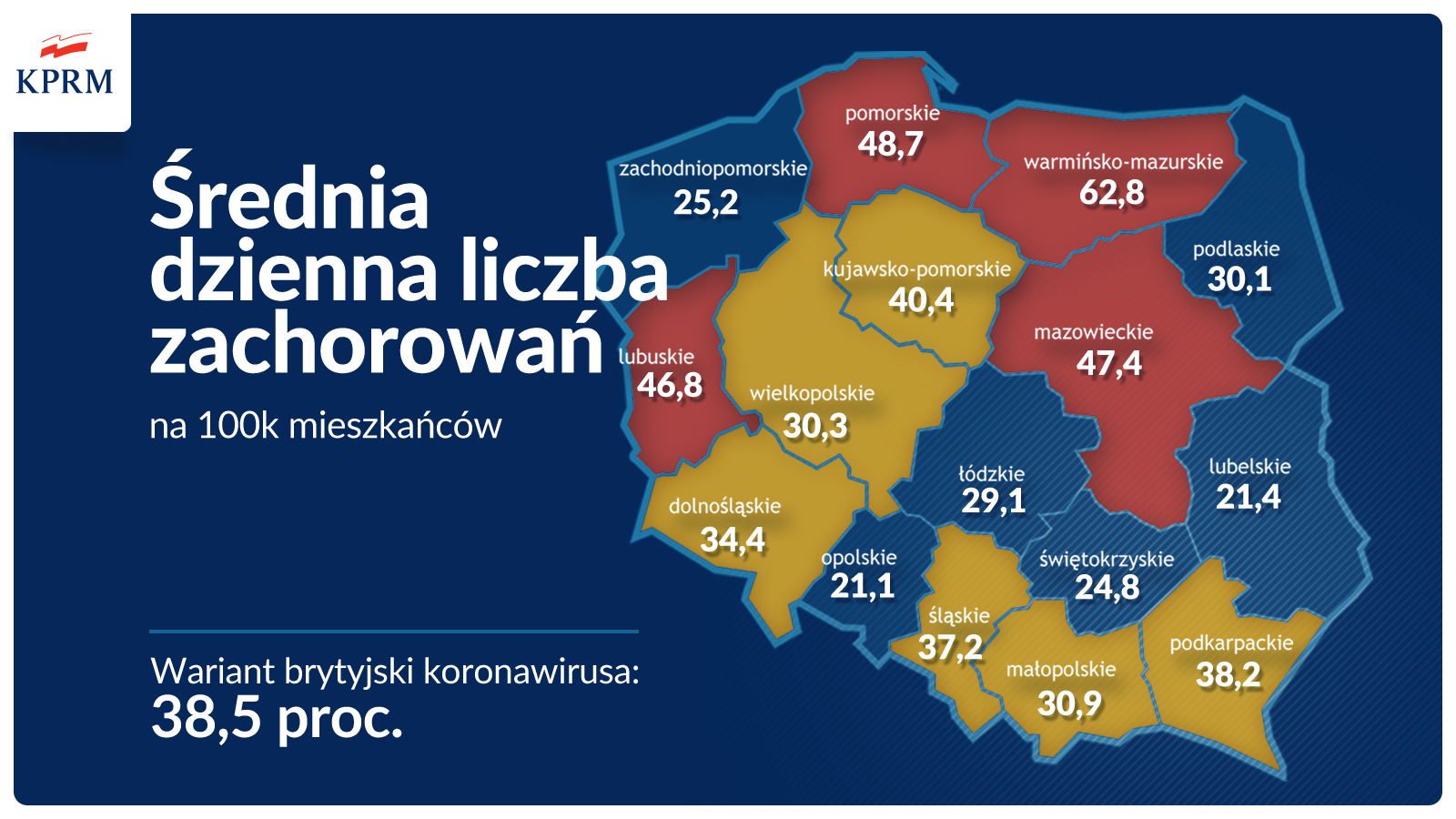 Powiększ grafikę. Mapa Polski z czerwonym i żółtym zaznaczeniem województw,średnia liczba zachorowań