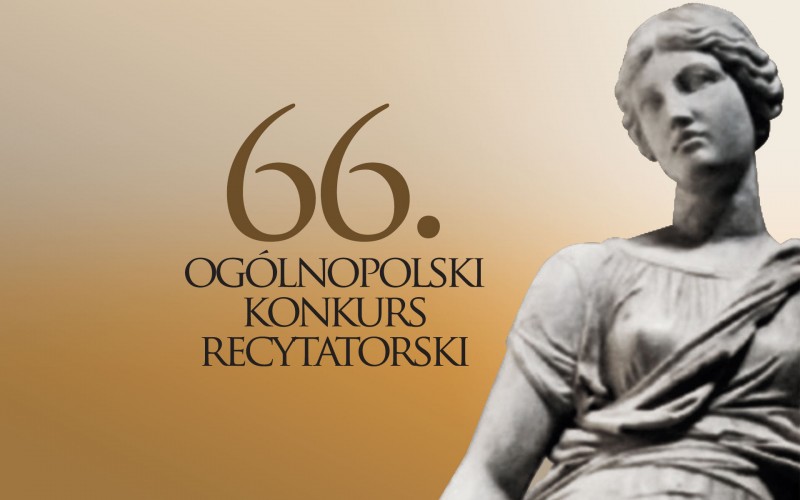 Powiększ baner. na złotym tle napis 66. Ogólnopolski Konkurs Recytatorski z prawej strony zeżba