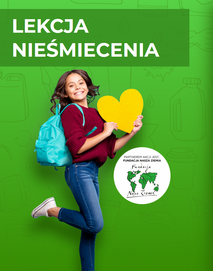 Powieksz grafikę. napis lekcja nieśmiecenia na zielony tle dziewczynka podskakuje 