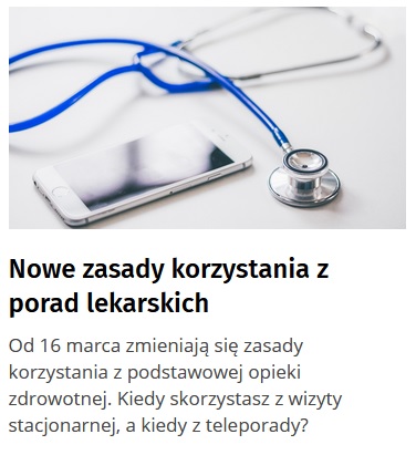 Powiększ grafikę. Napis Nowe zasady korzystania z porad lekarskich.stetoskop i telefon 