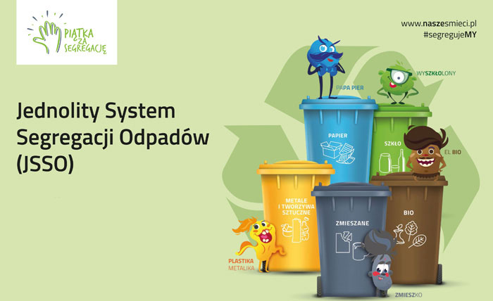 Powiększ grafikę. Napis Jednolity System Segregacji Odpadów, obok 5 kubłów w różnych kolorach