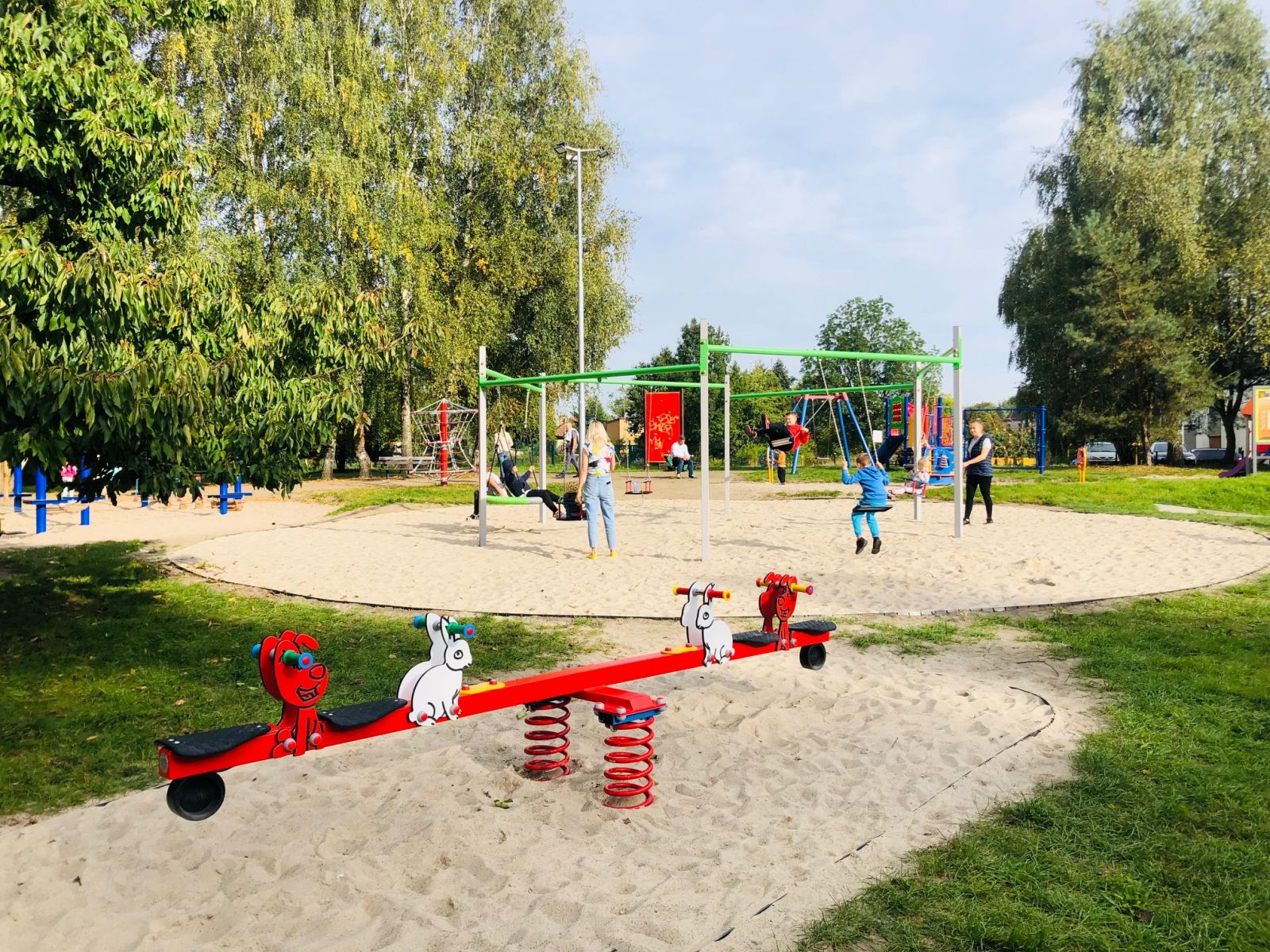 Ważka sprężynowa, w tle huśtawka sześcioramienna, drzewa