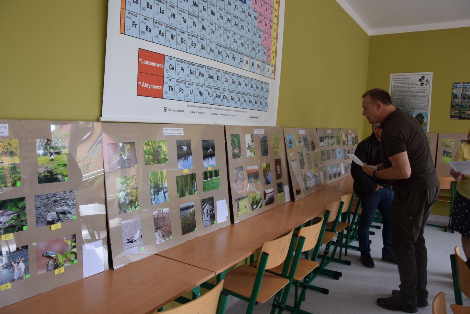 Fotografie w antyramach. Członek jury przygląda się zdjeciom. 