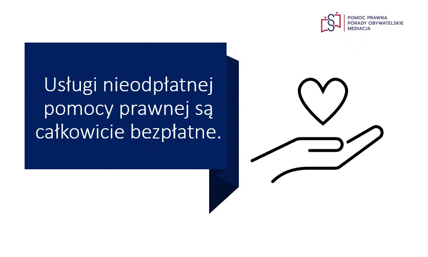 Powiększ grafikę. Usługi nieodopłatnej pomocy prawnej są bezpłatne, dłoń z sercem